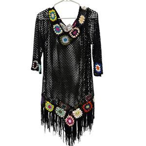India Boutique Boho Crochet Fringe Tunic Cover-Up Black Granny Square Cover Up